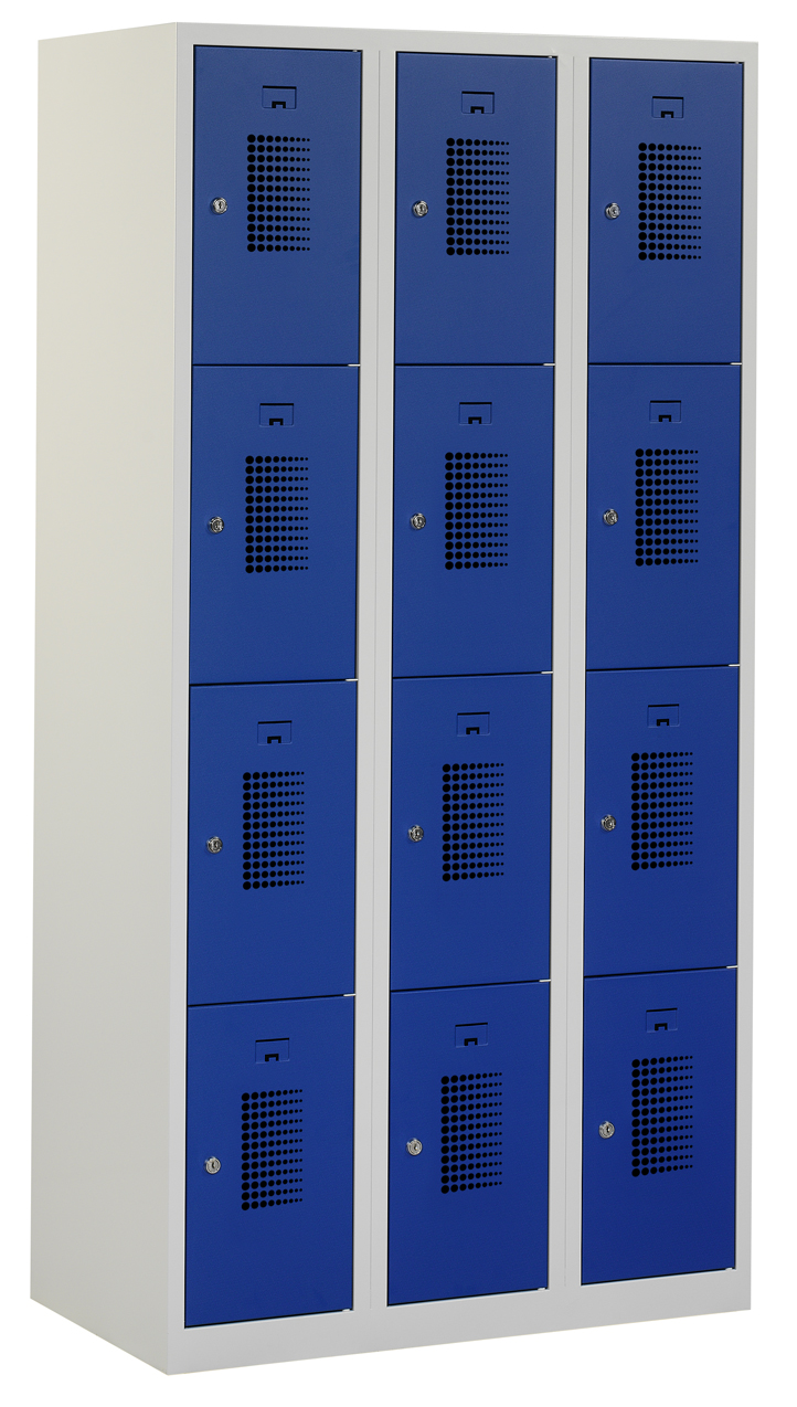 Driedelige garderobekast met vier afdelingen, ombouw in lichtgrijs, deuren in blauw.