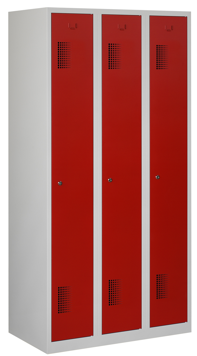 Driedelige garderobekast, ombouw in lichtgrijs, deuren in rood.
