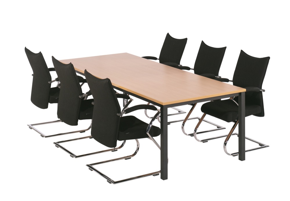 Kwalitatieve vergadertafel met beuken tafelblad, vergaderzetels op aanvraag verkrijgbaar.