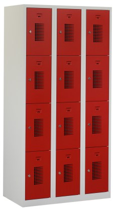 Driedelige garderobekast met vier afdelingen, ombouw in lichtgrijs, deuren in rood.