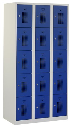Driedelige garderobekast met vijf afdelingen, ombouw in lichtgrijs, deuren in blauw.